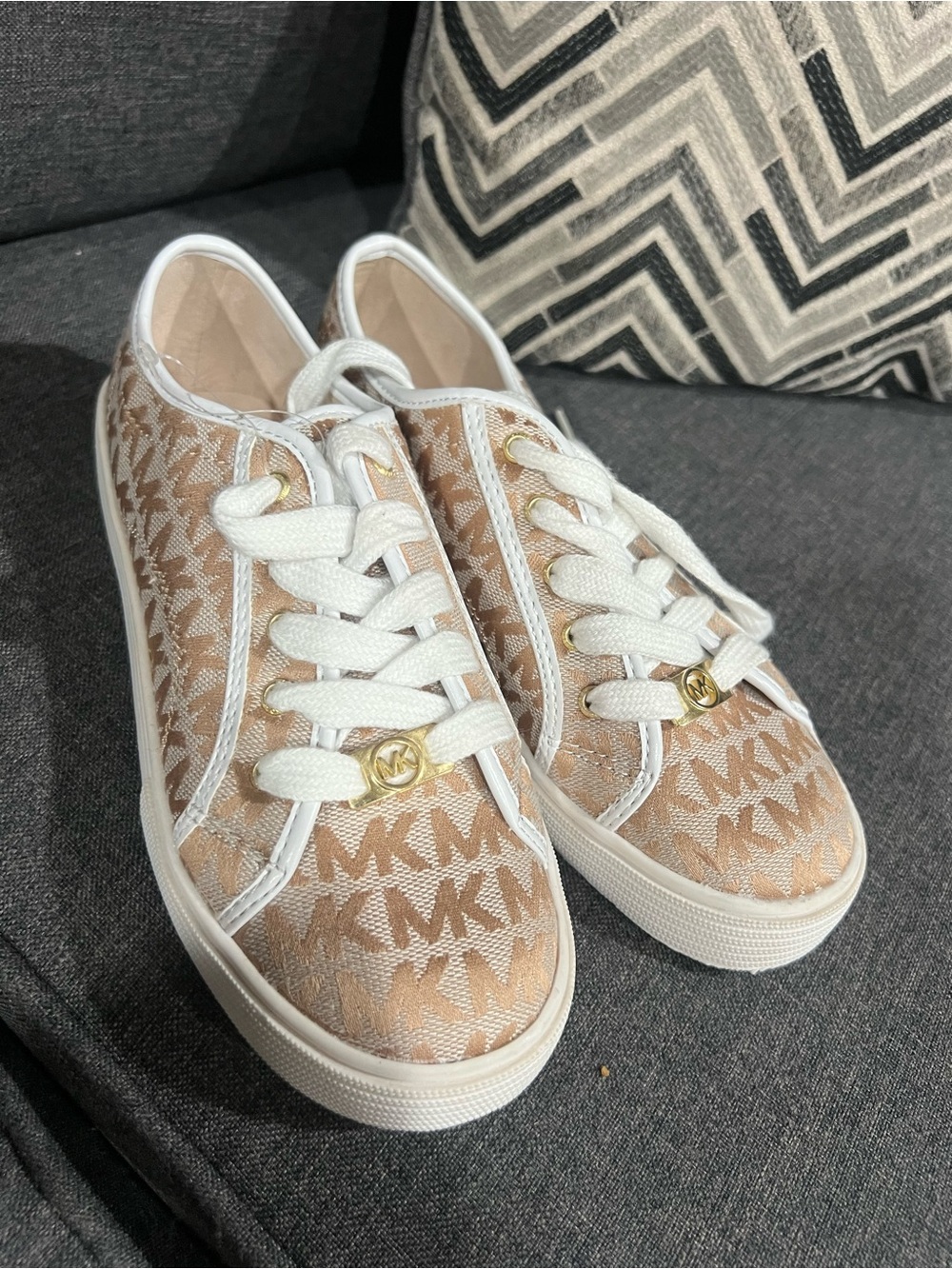 Michael Kors Beige MK Monogram Low-Top Sneakers with Gold Accents